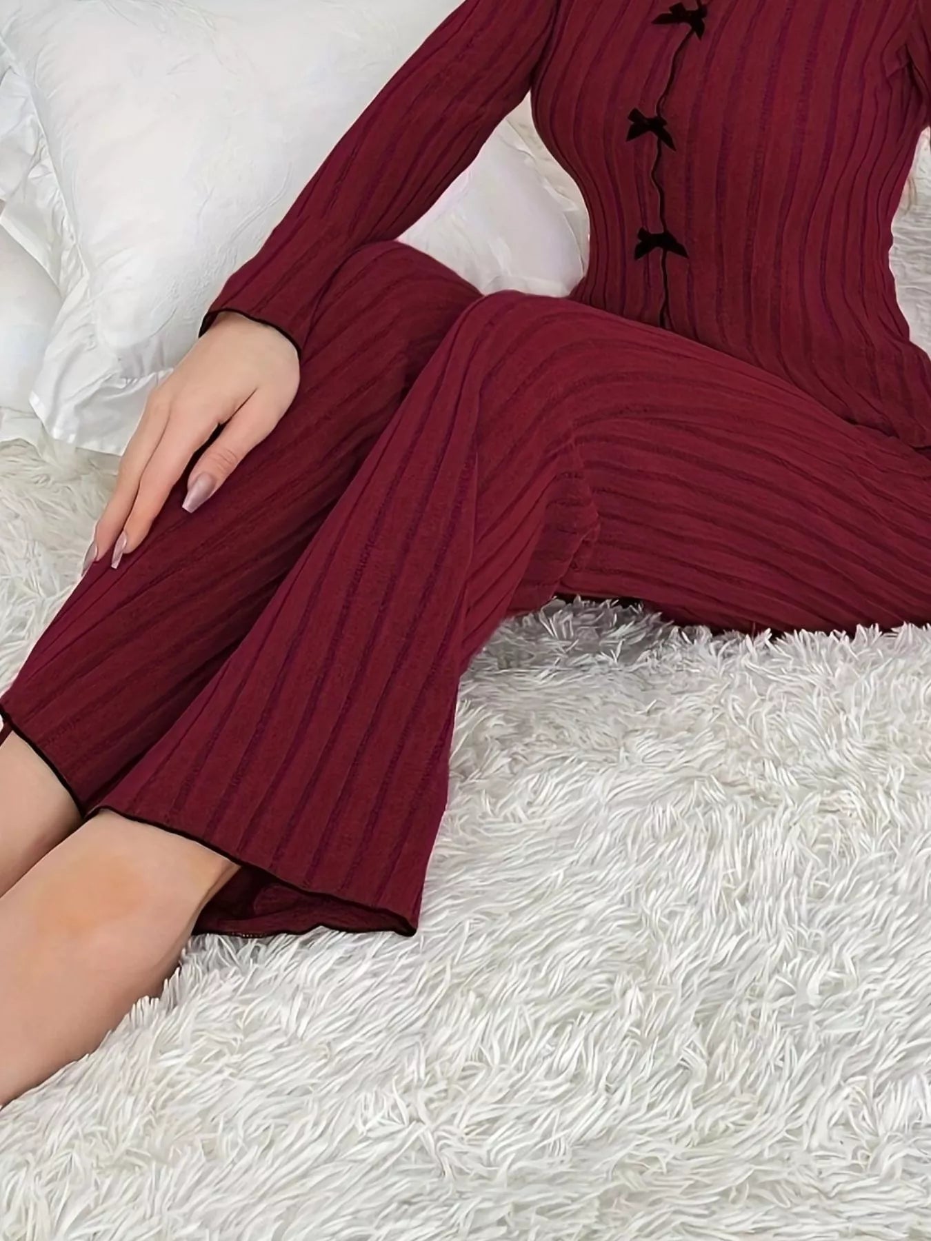 Ribbed Bow Front Top and Pants Lounge Set