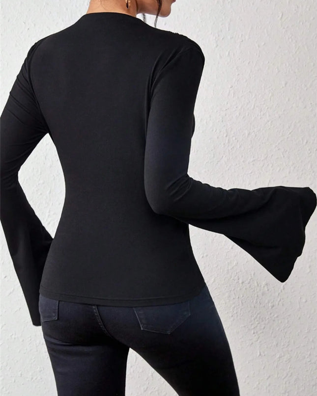 Bell Sleeve Ruched Fitted T-Shirt with Mock Neck