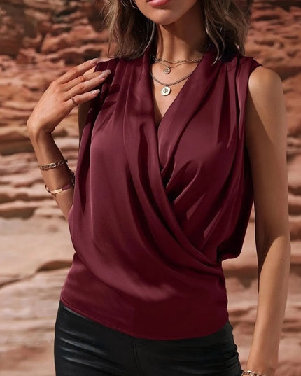 Sleeveless Wrap Draped Blouse Wine Red