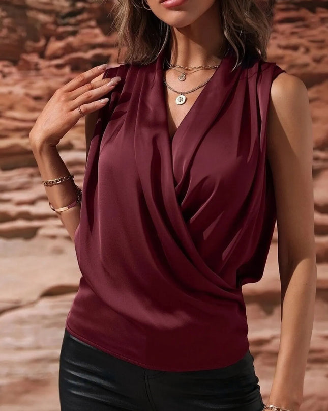 Sleeveless Wrap Draped Blouse Wine Red