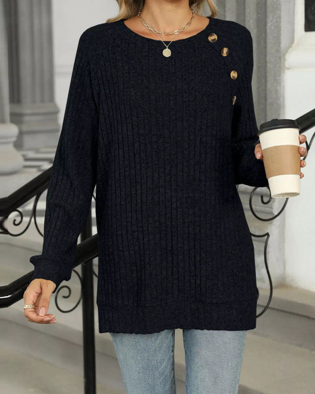 Ribbed Round Neck Long Sleeve T-Shirt