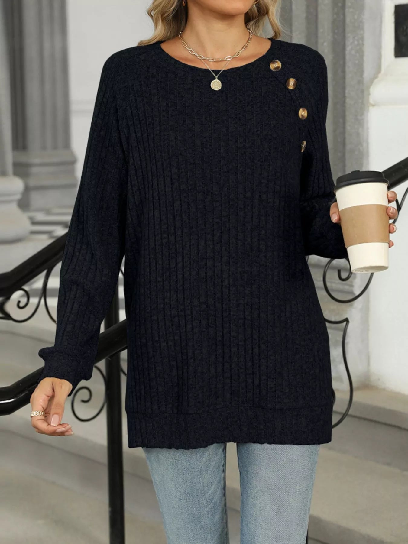 Ribbed Round Neck Long Sleeve T-Shirt