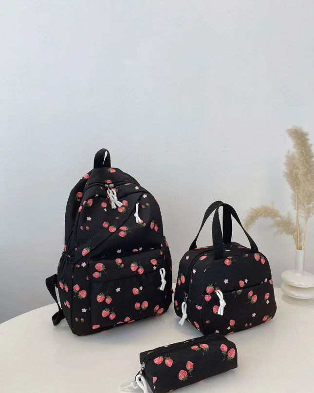 3-Piece Strawberry Print Canvas Bag Set 