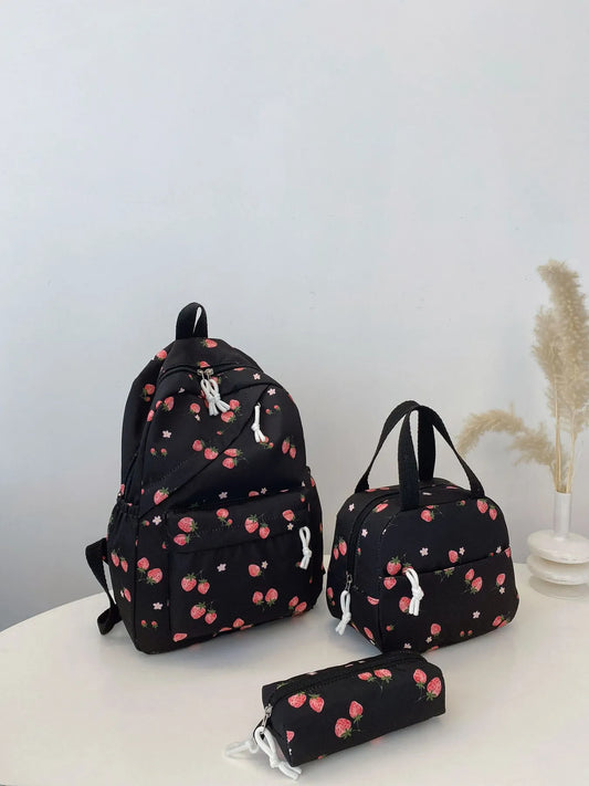 3-Piece Strawberry Print Canvas Bag Set Black onesize