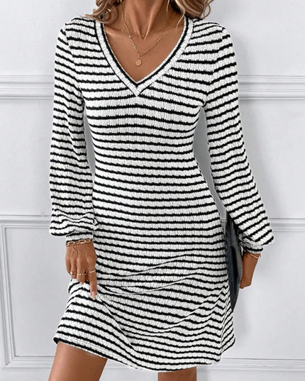 Striped V-Neck Long Sleeve Dress Black