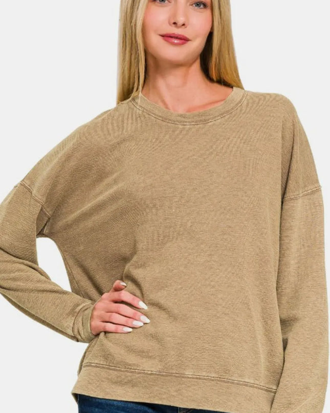 Zenana Washed Round Neck Dropped Shoulder Sweatshirt Camel