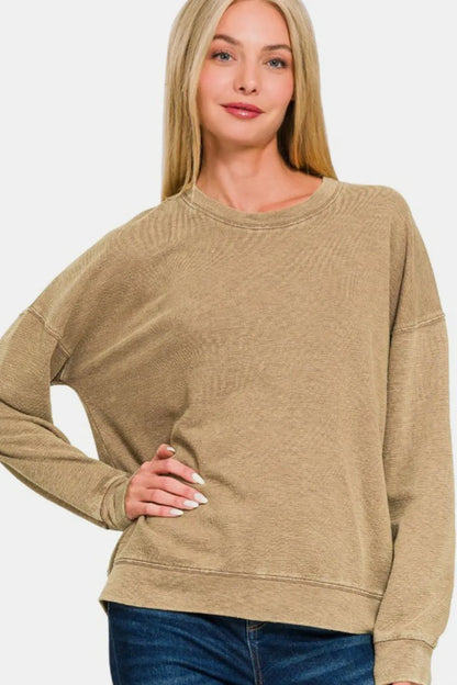 Zenana Washed Round Neck Dropped Shoulder Sweatshirt Camel