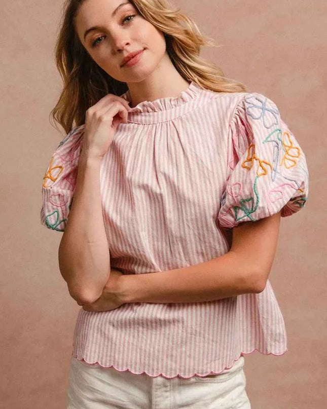 BiBi Embroidery Bubble Sleeve Top With Bottom Scallop Detail