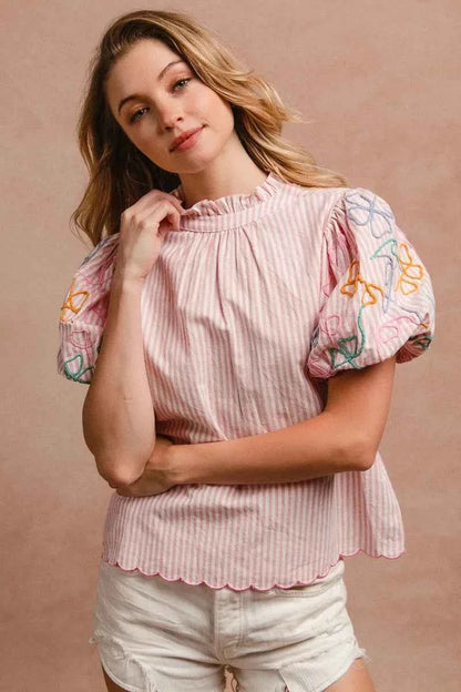BiBi Embroidery Bubble Sleeve Top With Bottom Scallop Detail