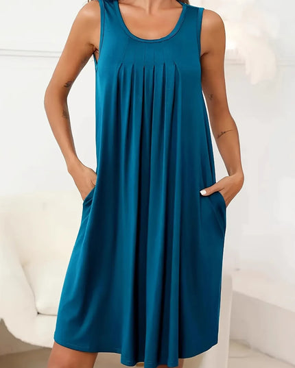 Flowy Pleated Tank Dress with Pockets Aqua