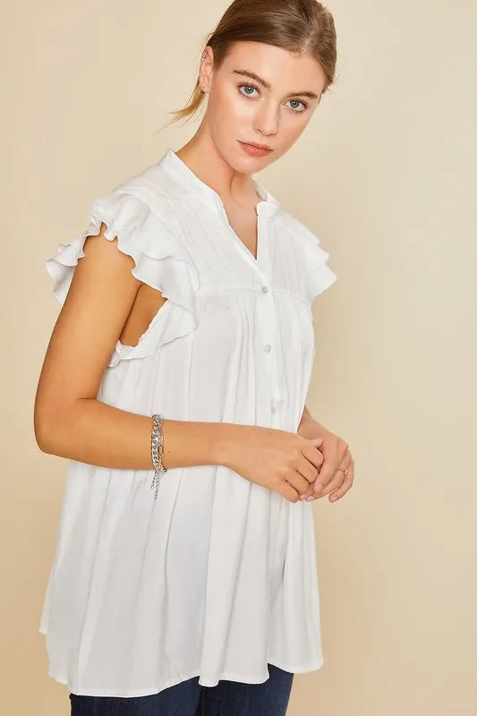 Annie Wear Ruffle Sleeve Shirred Flowy Woven Tunic Shirts
