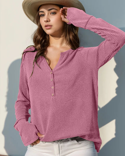 Double Take Full Size Notched Thumbhole Long Sleeve T-Shirt Pink