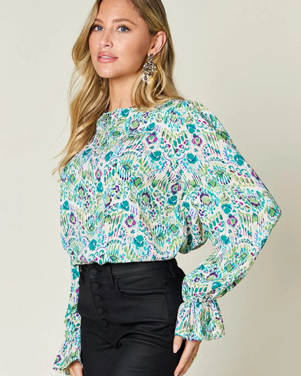 Double Take Full Size Printed Flounce Sleeve Blouse