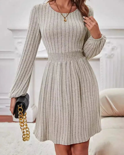 Smocked Round Neck Long Sleeve Knee Length Dress Dust Storm