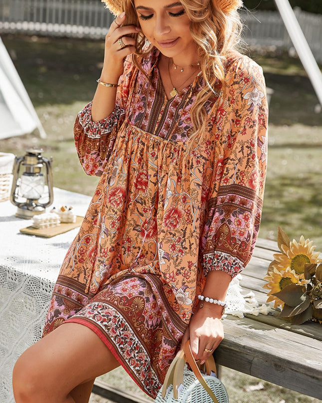 Devine Bohemian Tie Neck Balloon Sleeve Dress