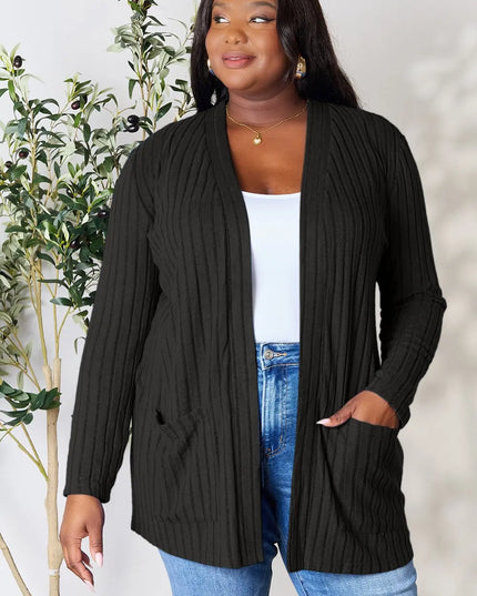 Basic Bae Full Size Ribbed Open Front Cardigan with Pockets Black