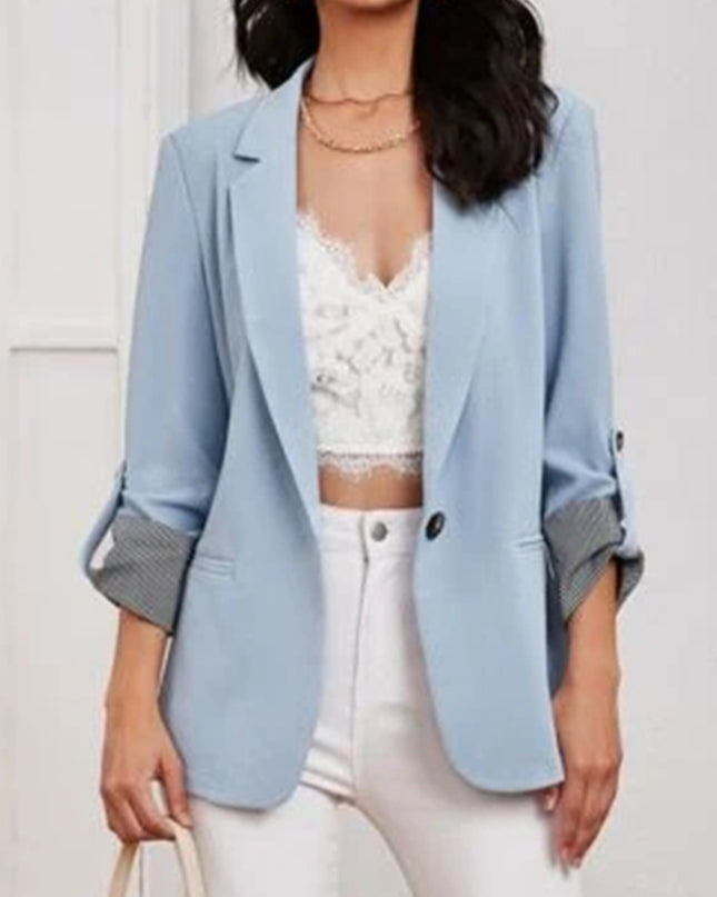Lapel Collar Roll-Tab Sleeve Blazer Light Blue