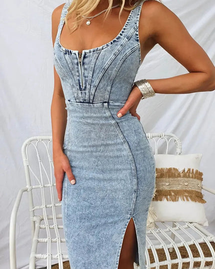 Side Slit Washed Scoop Neck Denim Dress 