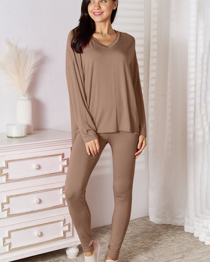 Basic Bae Full Size V-Neck Soft Rayon Long Sleeve Top and Pants Lounge Set Mocha
