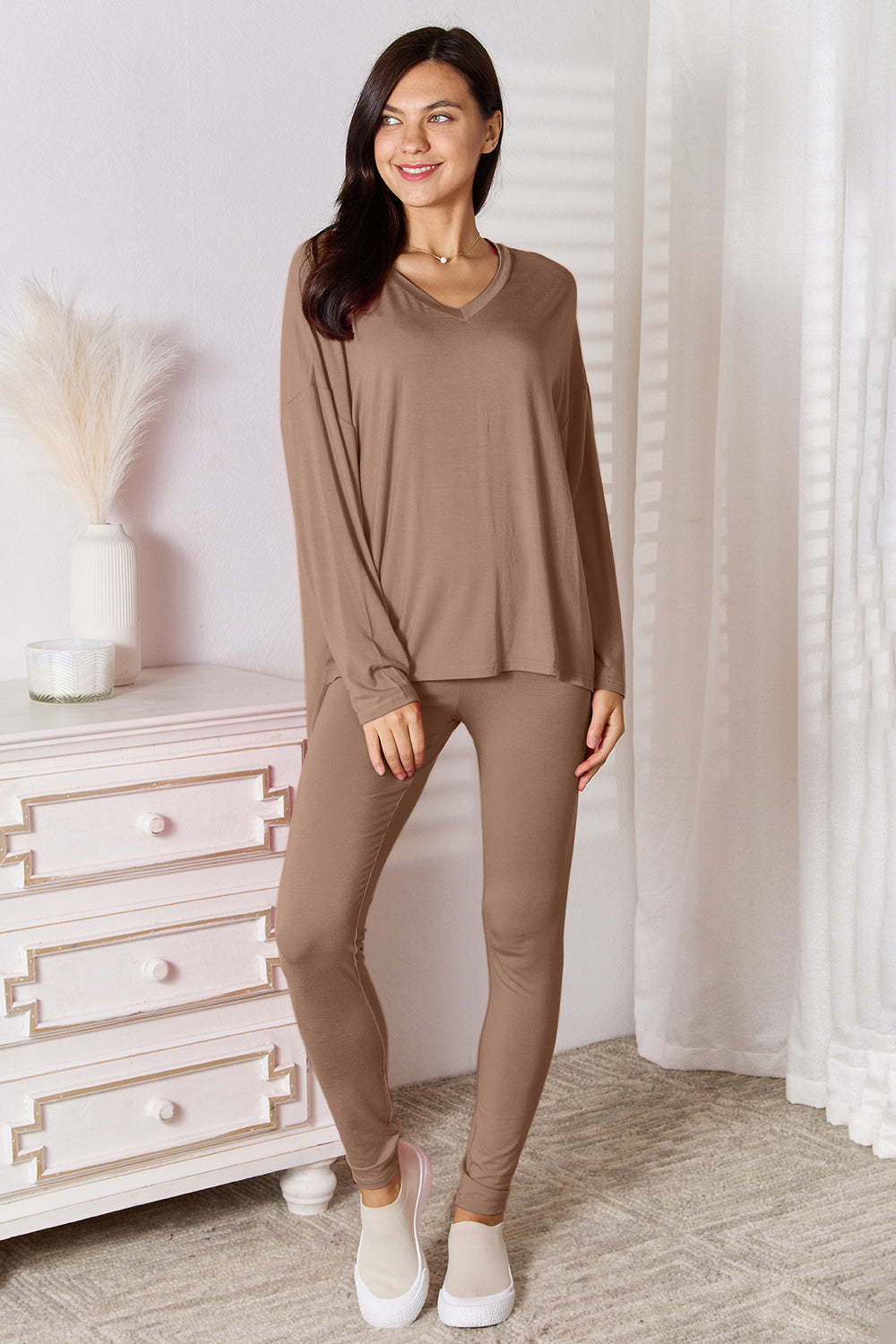 Basic Bae Full Size V-Neck Soft Rayon Long Sleeve Top and Pants Lounge Set Mocha