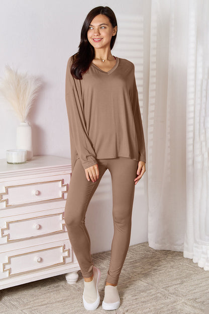 Basic Bae Full Size V-Neck Soft Rayon Long Sleeve Top and Pants Lounge Set Mocha