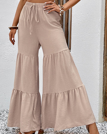 Perfee Drawstring Waist Tiered Flare Culottes Tan