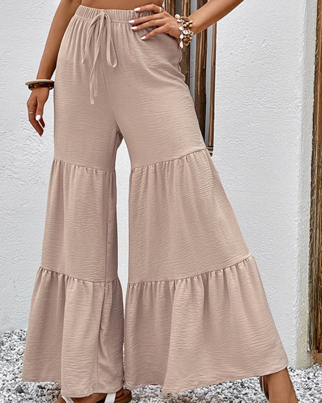 Perfee Drawstring Waist Tiered Flare Culottes Tan