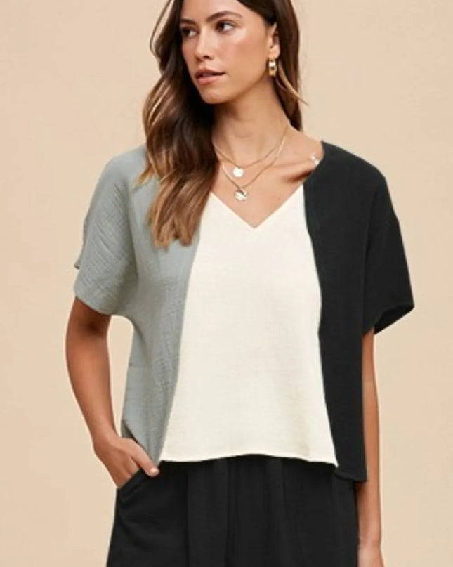Annie Wear Color Block Cotton Gauze V-Neck Top