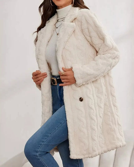 Double-Breasted Fleece Longline Coat Apricot