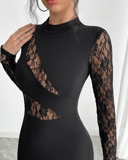 Lace Mock Neck Slit Dress