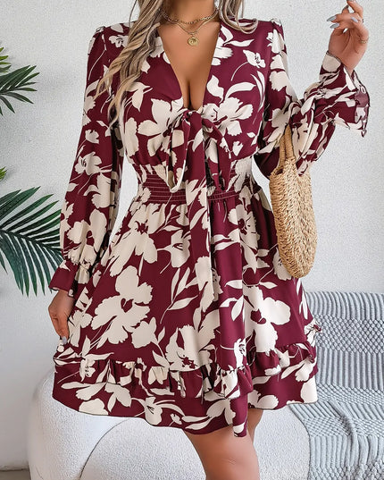 Tied Ruffled Printed Long Sleeve Dress
