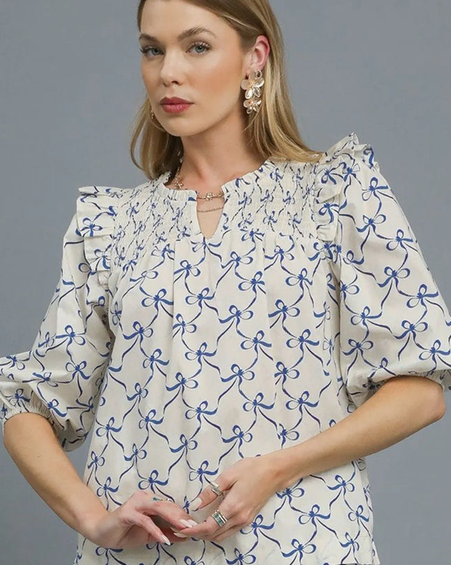 Umgee Ruffled Bow Print Notched Blouse Royal Blue