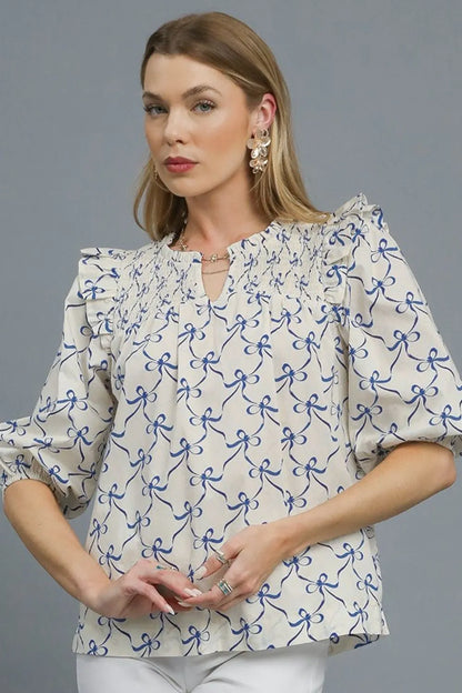 Umgee Ruffled Bow Print Notched Blouse Royal Blue