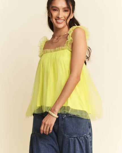 Davi & Dani Shirred Ruffle Strap Tulle Babydoll Top