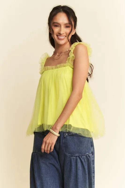 Davi & Dani Shirred Ruffle Strap Tulle Babydoll Top