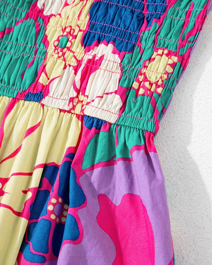 Floral Print Shirred Spaghetti Strap Loose Maxi Dress