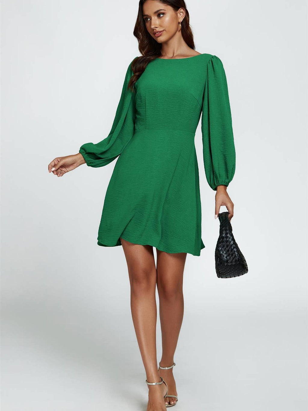 Back V Neck Mini Dress in Green Green