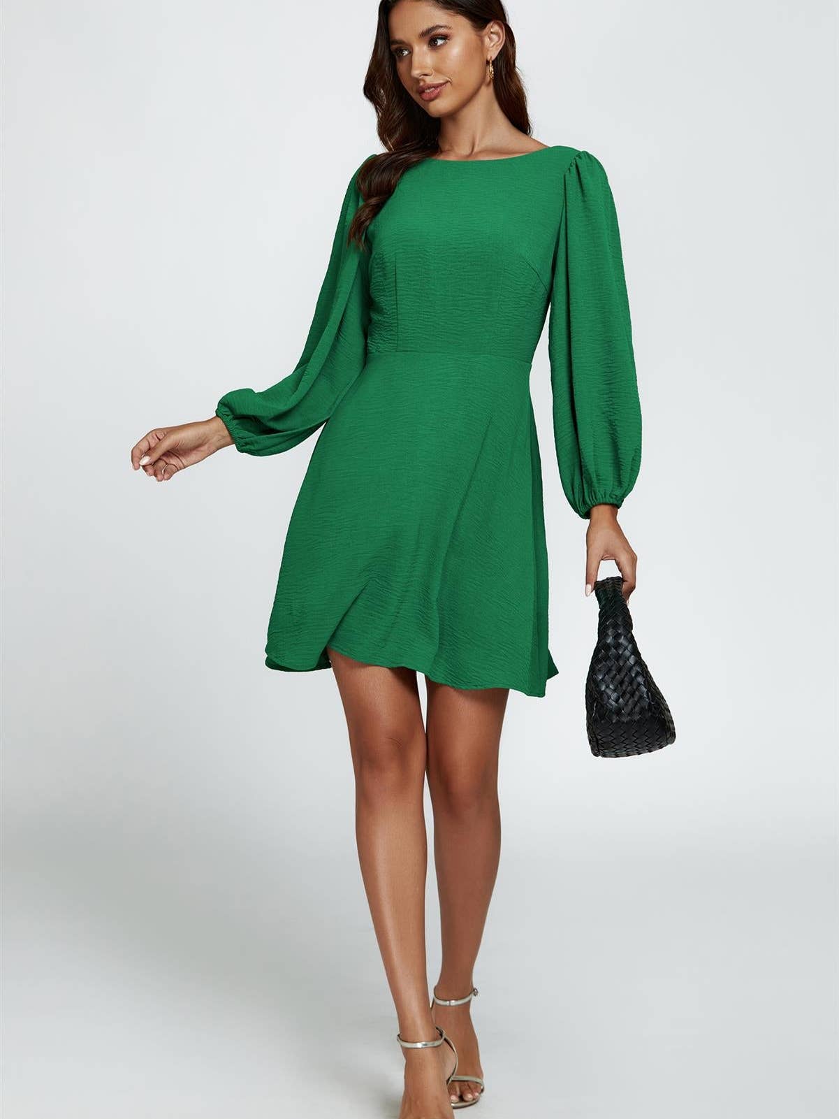 Back V Neck Mini Dress in Green Green