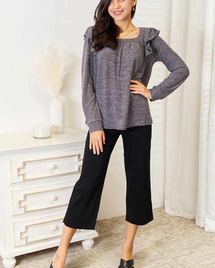 Double Take Square Neck Ruffle Shoulder Long Sleeve T-Shirt
