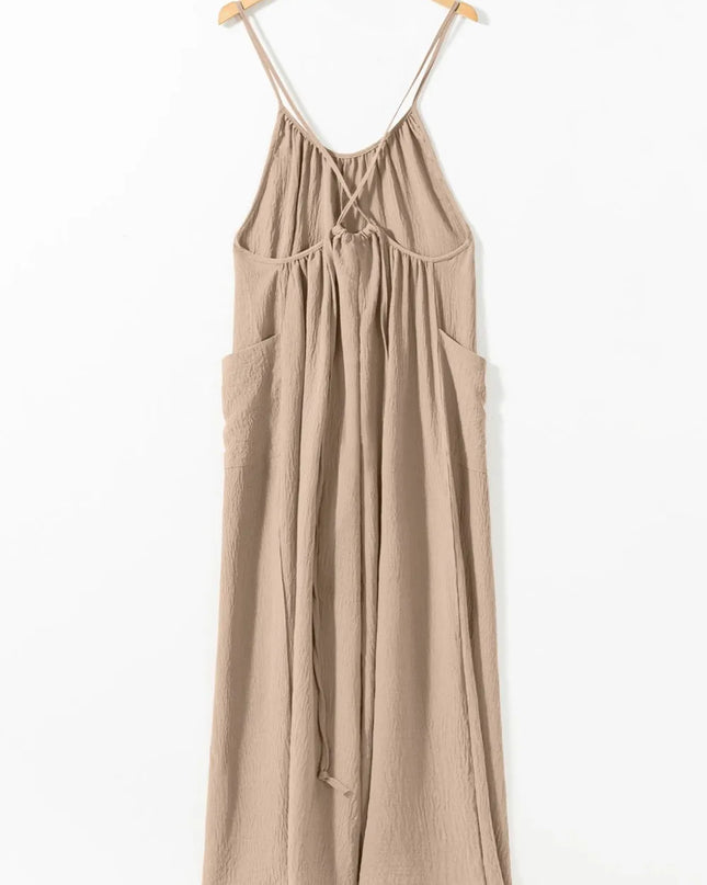 Spaghetti Strap Waist Tie Wide Leg Jumpsuit with Pockets