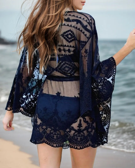 Lace V-Neck Three-Quarter Sleeve Cover Up