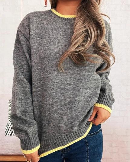 Ribbed Contrast Trim Long Sleeve Sweater Yellow One Size