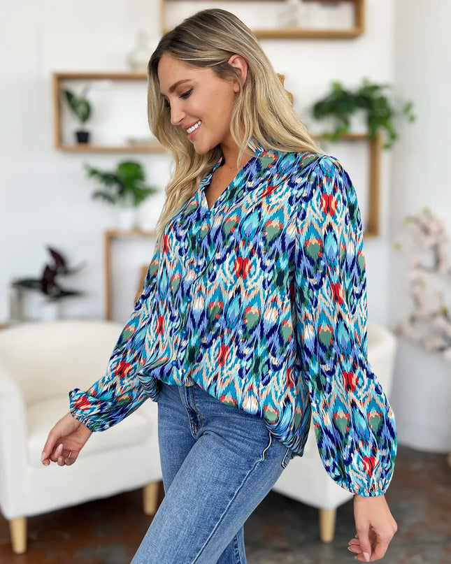 Double Take Full Size Printed Balloon Sleeve Blouse