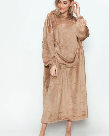 Double Take Full Size Pocketed Hooded Midi Lounge Dress