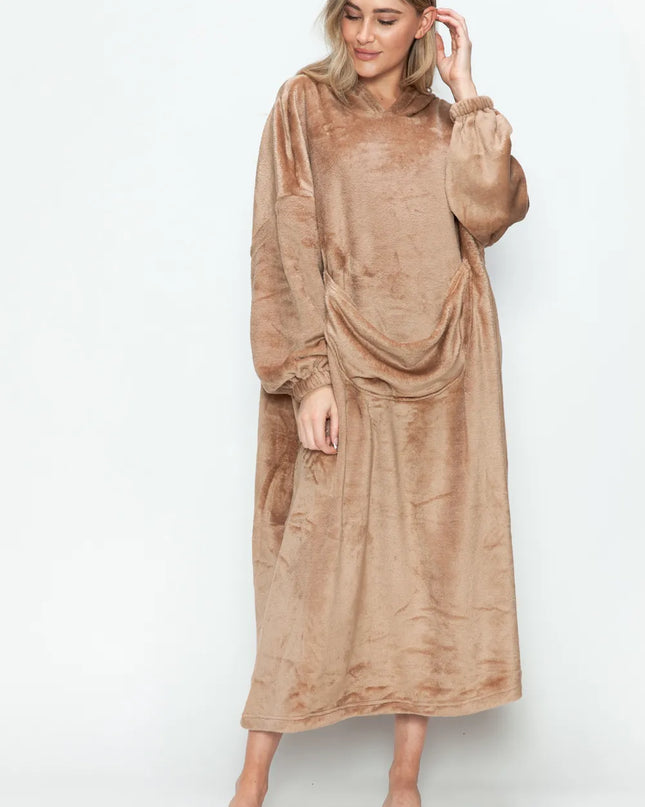 Double Take Full Size Pocketed Hooded Midi Lounge Dress