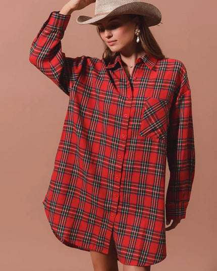 SO ME Christmas Checker Plaid Button Up Shirt Dress RED MULTI