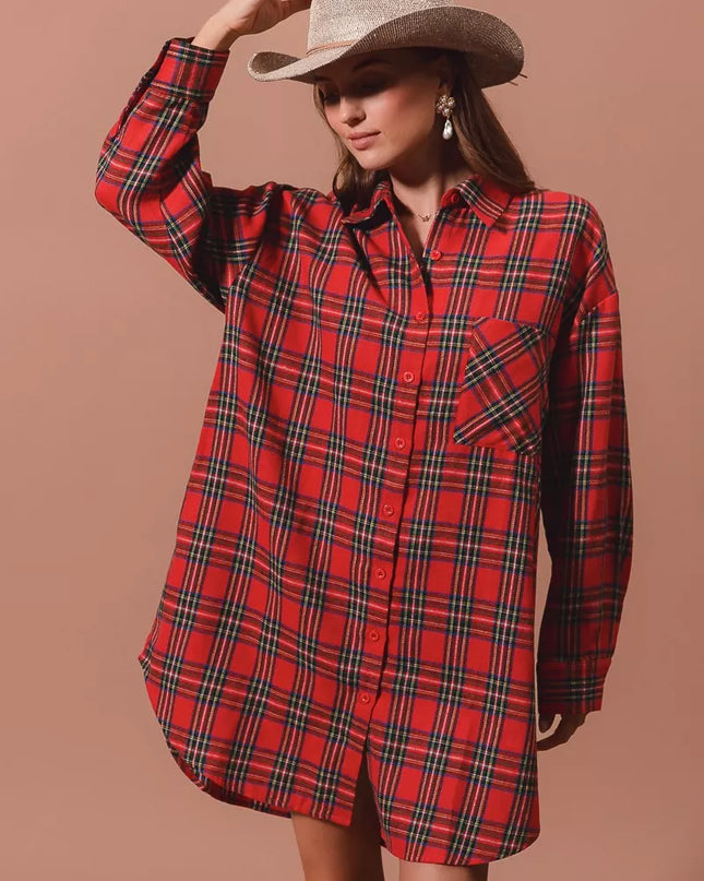 SO ME Christmas Checker Plaid Button Up Shirt Dress RED MULTI