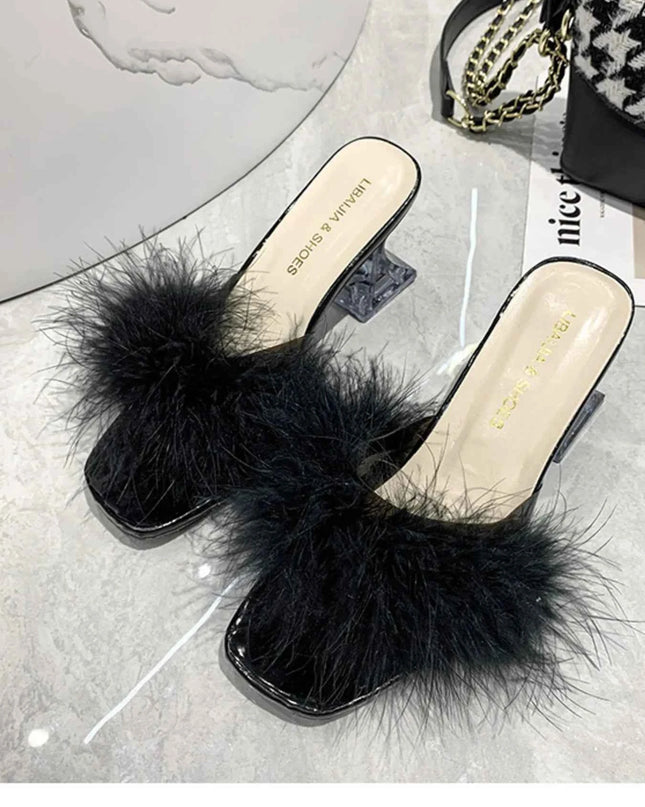 Fluffy Strap Block Heel Sandals