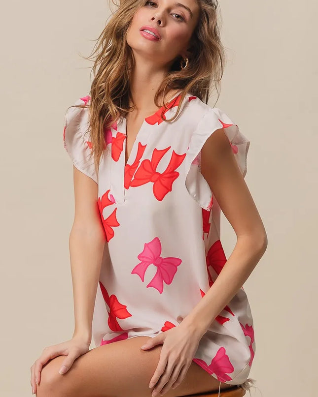 BiBi Bow Printed Woven Ruffled Sleeves V Neck Top