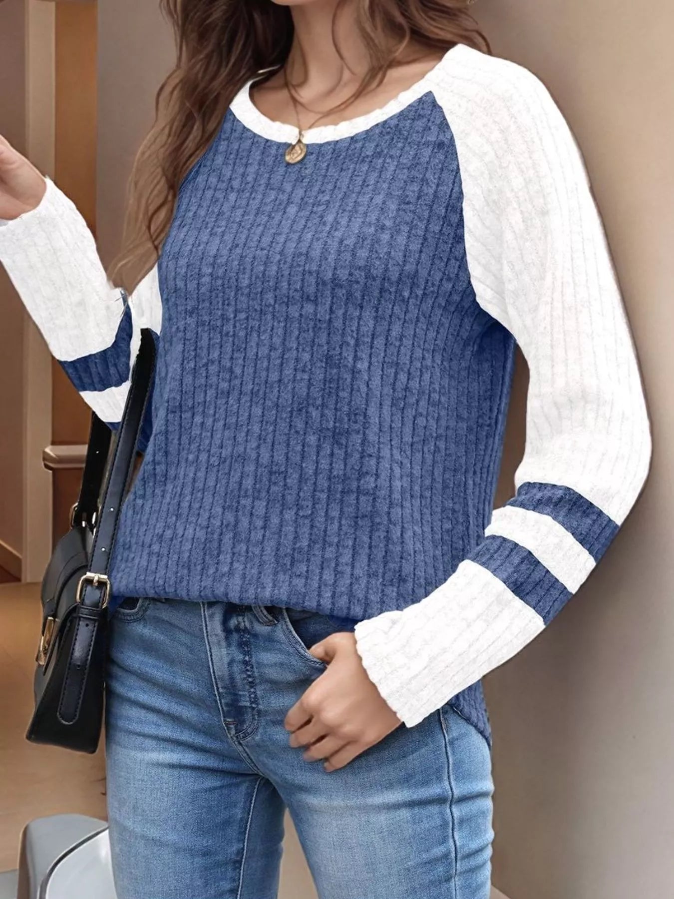Ribbed Round Neck Raglan Sleeve Top